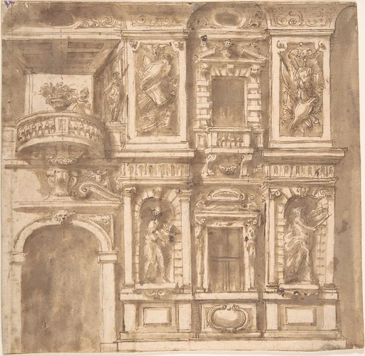 Design for a Facade with Statues in Niches and Armorial Trophies