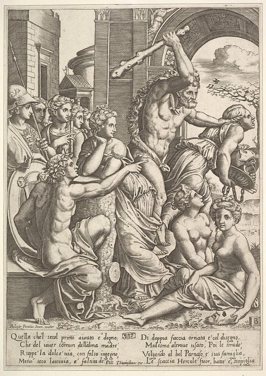 Envy or Avarice at the right being driven from the temple of the Muses by Hercules who raises a club, the muses watching from the left — Master of the Die|Ugo da Carpi|Philippe Thomassin|Baldassare Tommaso Peruzzi