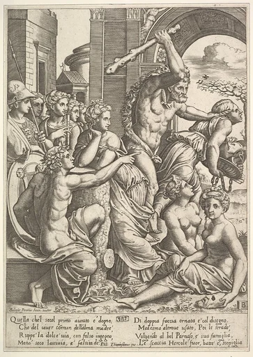 Envy or Avarice at the right being driven from the temple of the Muses by Hercules who raises a club, the muses watching from the left
