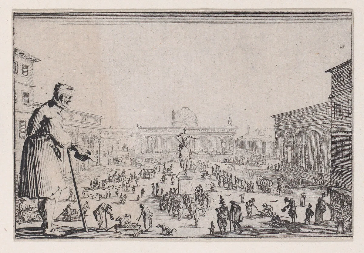Le Marché de la Place de L'Annonciade a Florence (The Marketplace of L' Annunziata in Florence), from Les Caprices Series A, The Florence Set — Jacques Callot|Lorenzo de' Medici