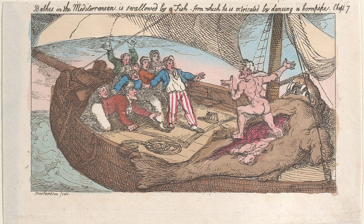 Bathes in the Mediterranean, is swallowed by a fish, from which he is extricated by dancing a hornpipe — Thomas Tegg|Thomas Rowlandson