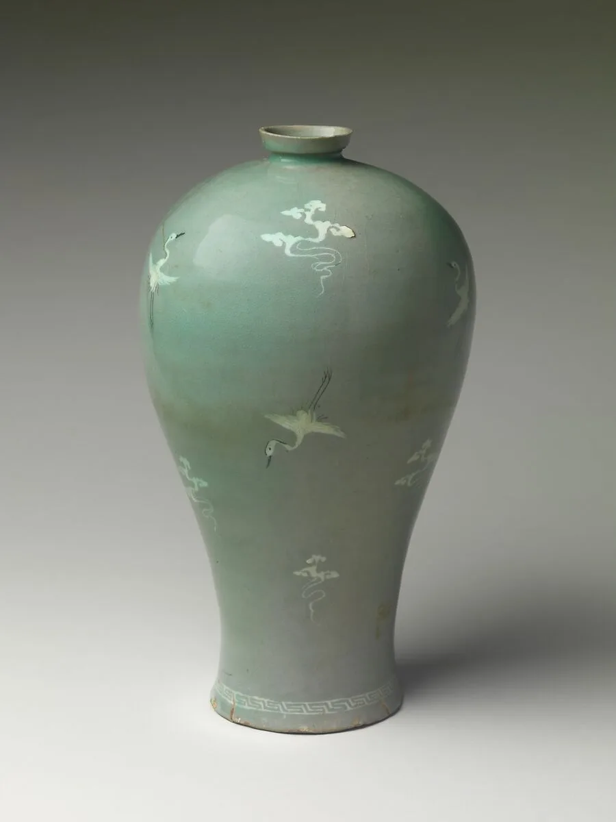 청자 상감 구름 학 무늬 매병 고려|靑磁象嵌雲鶴文梅甁 高麗|Maebyeong (plum bottle) decorated with cranes and clouds — Unknown