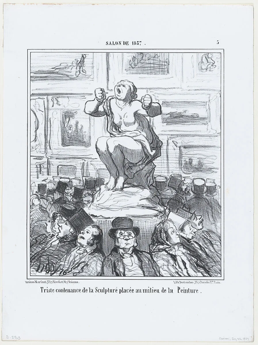 Triste contenance de la Sculpture placée au milieu de la Peinture, from Le Salon de 1857, published in "Le Charivari" — Aaron Martinet|Honoré Daumier|Destouches