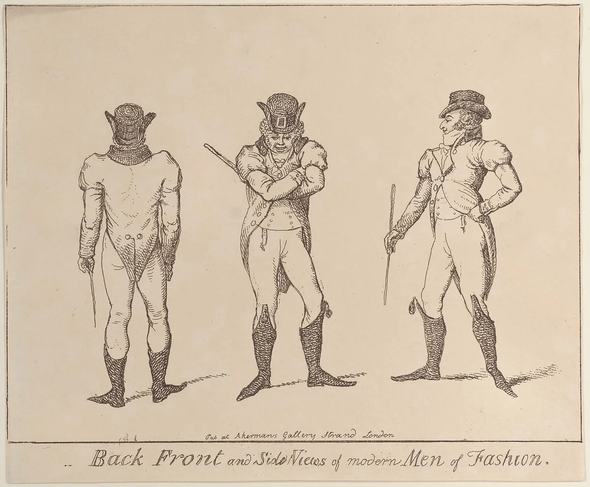 Back, Front, and Side Views of Modern Men of Fashion: Fashions a little before 1800 — Anonymous, British, early 19th century|Rudolph Ackermann, London