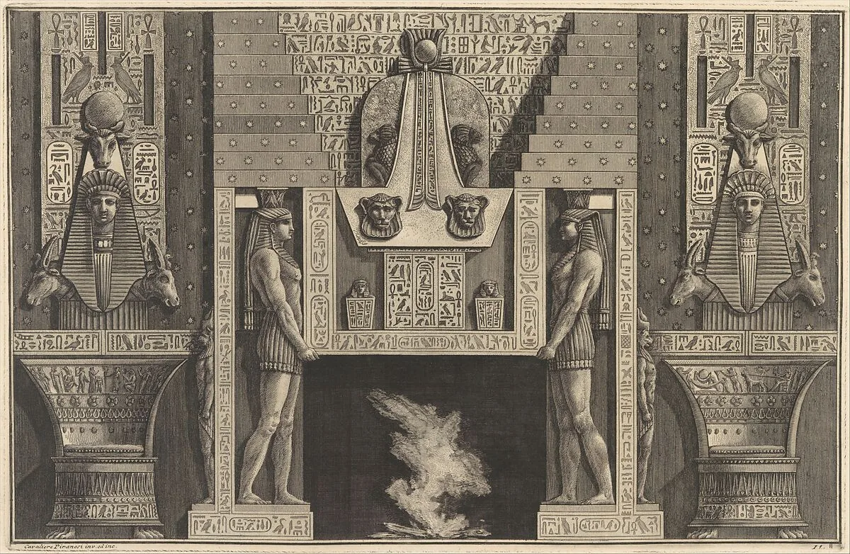 Chimneypiece in the Egyptian style: Giant figures supporting the lintel, flanked by chairs, from "Diverse Maniere d'adornare i cammini..." (Diverse Ways of ornamenting chimneypieces...) — Giovanni Battista Piranesi
