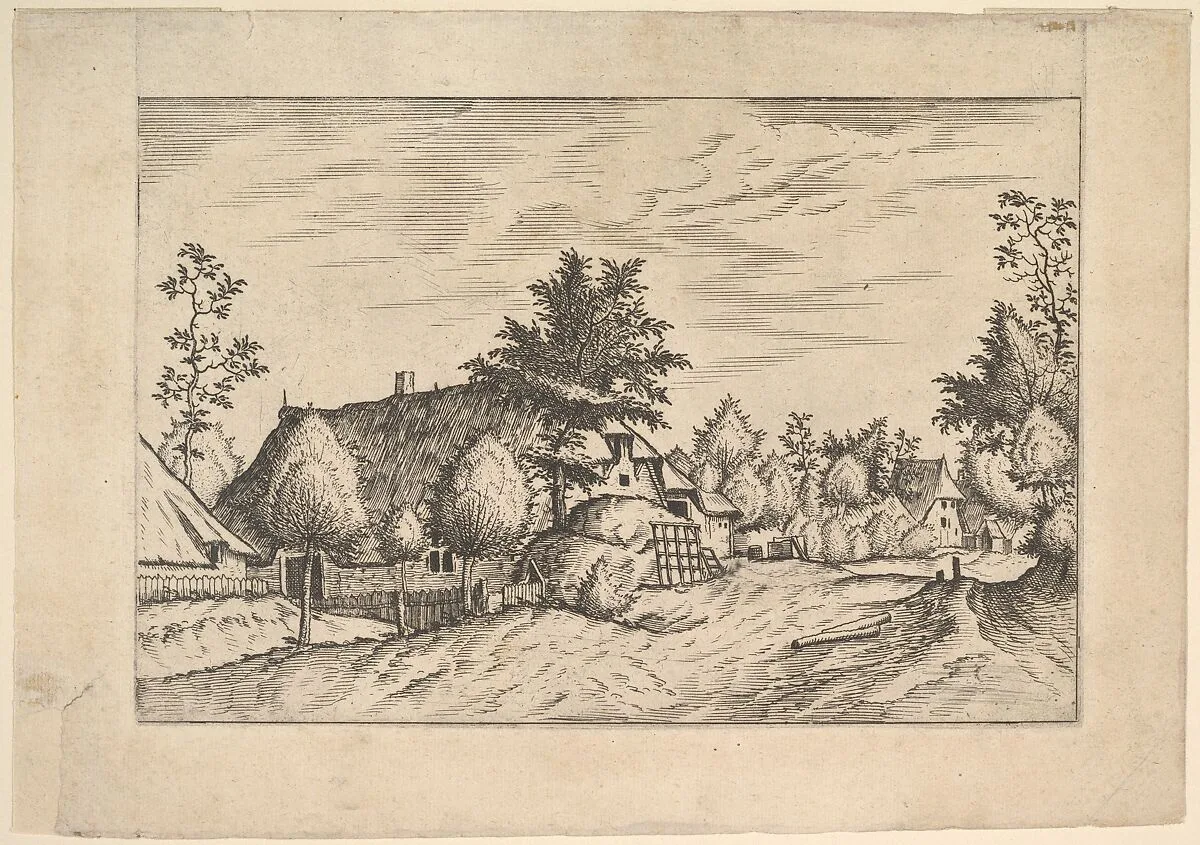 Village Street, hay stacked in front of a farm from Praediorum villarum et rusticarum casularum icones elenoantissimae ad vivum in apre deformatae — Johannes van Doetecum I|Lucas van Doetecum|Hieronymus Cock|The Master of the Small Landscapes|Pieter Bruegel the Elder|Cornelis Cort