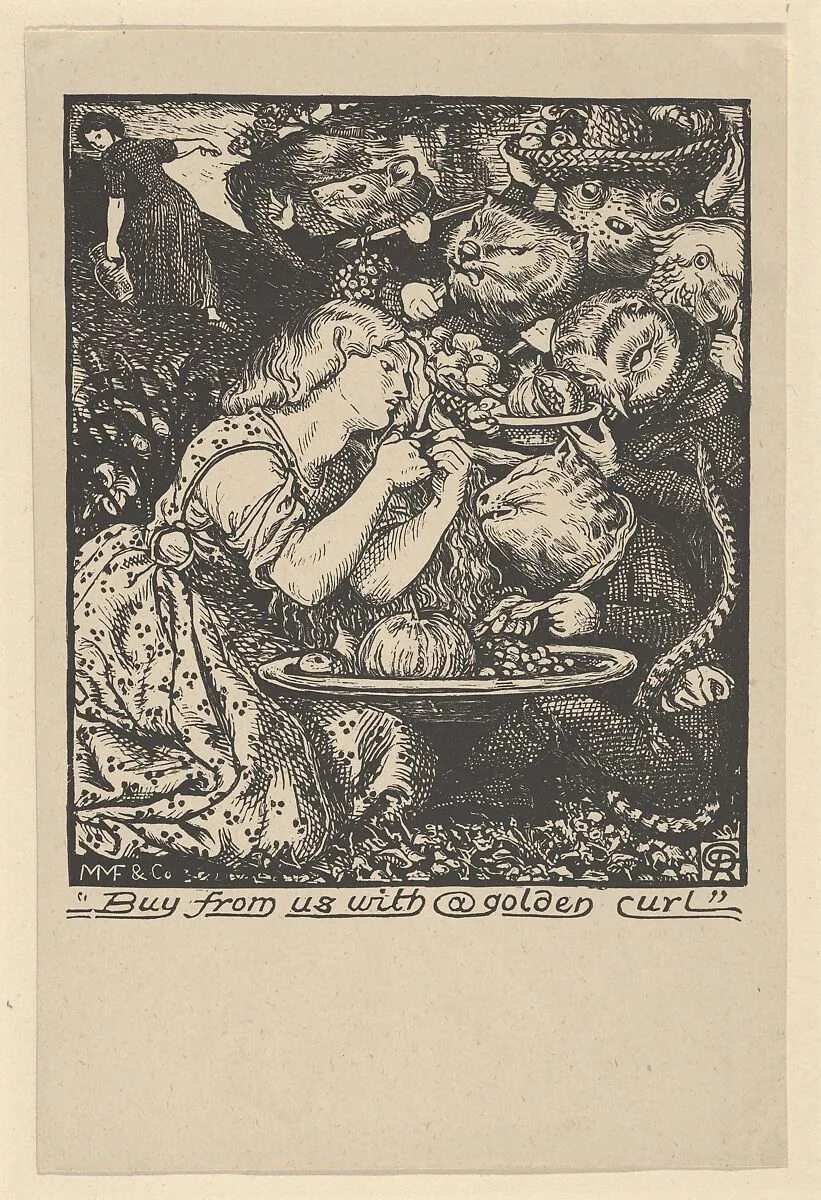 Buy from Us with a Golden Curl (frontispiece to "Goblin Market and other Poems" by Christina Rossetti) — Dante Gabriel Rossetti|Morris, Marshall, Faulkner and Co.|Christina Georgina Rossetti|Charles Joseph Faulkner