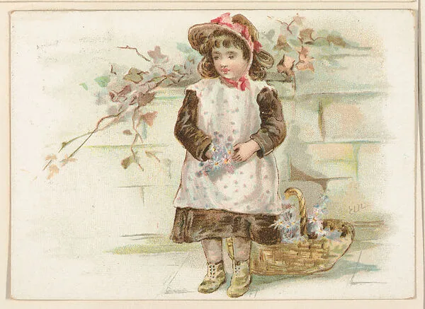 Girl in a brown dress with a basket of flowers, bakery card from the Picture Cards series (D63), issued by the Vienna Model Bakery — Vienna Model Bakery