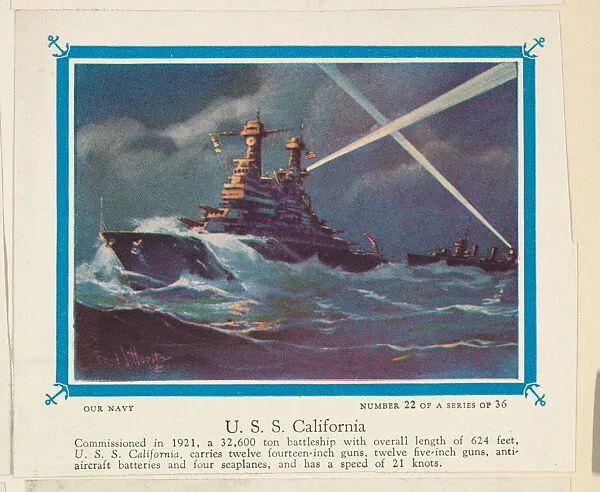 No. 22, U. S. S. California, collector card from the Our Navy series (D62), issued by the Kelley Baking Company — Kelley Baking Company