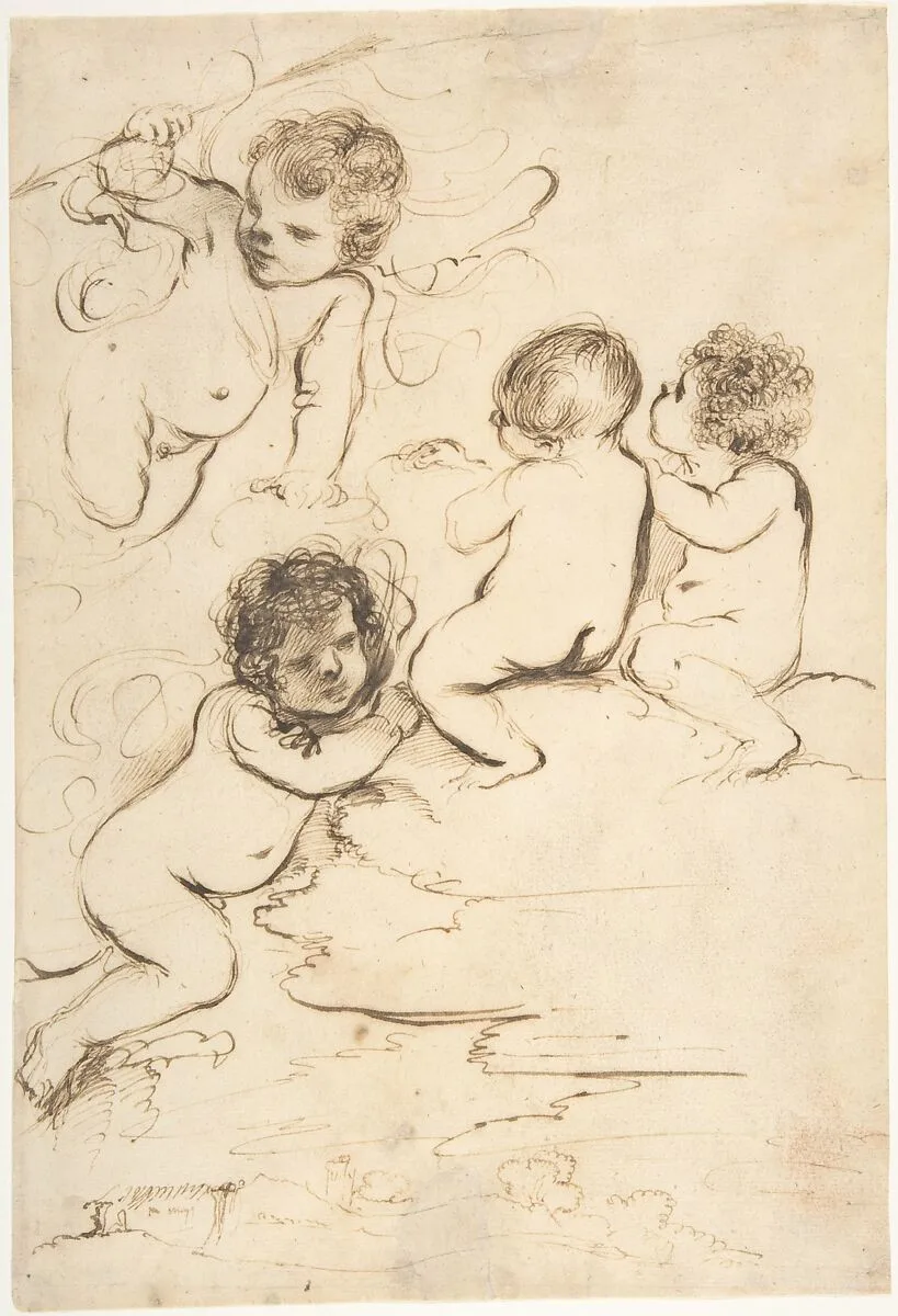 Four Putti with Bow and Arrows on Clouds above a Landscape with a Tower — Guercino (Giovanni Francesco Barbieri)