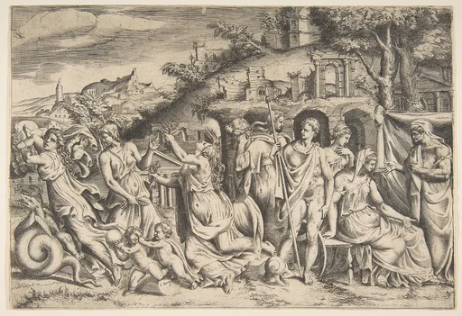 The story of Jason and Medea: at the left she carries off her son, in the middle she is shown in her madness, Jason stands at the right