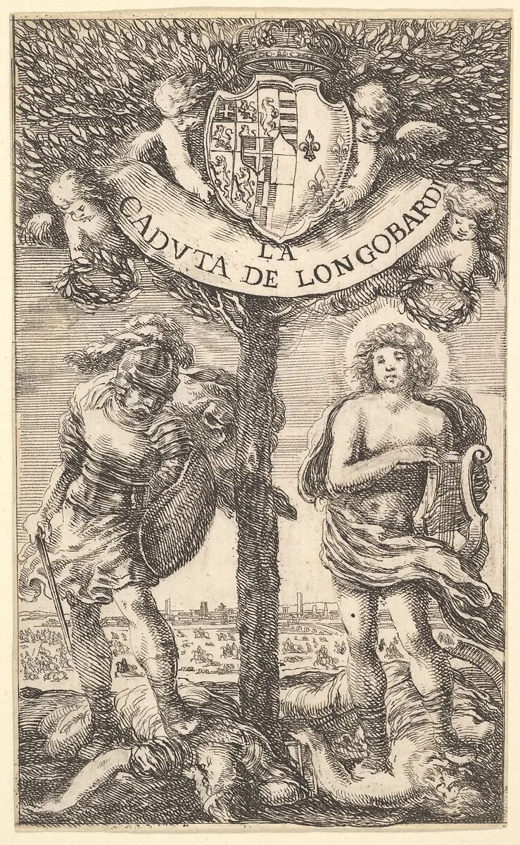 Frontispiece for 'The Fall of Longobardi' (La Caduta de' Longobardi), poems by Sigismond Boldoni; a laurel tree at center, two putti holding up the coat of arms of Christine of France, duchess of Savoy, to whom the poems are dedicated, two putti below holding up the banner with the title, placing wreaths of laurel onto the heads of Apollo at right and Mars at left — Stefano della Bella