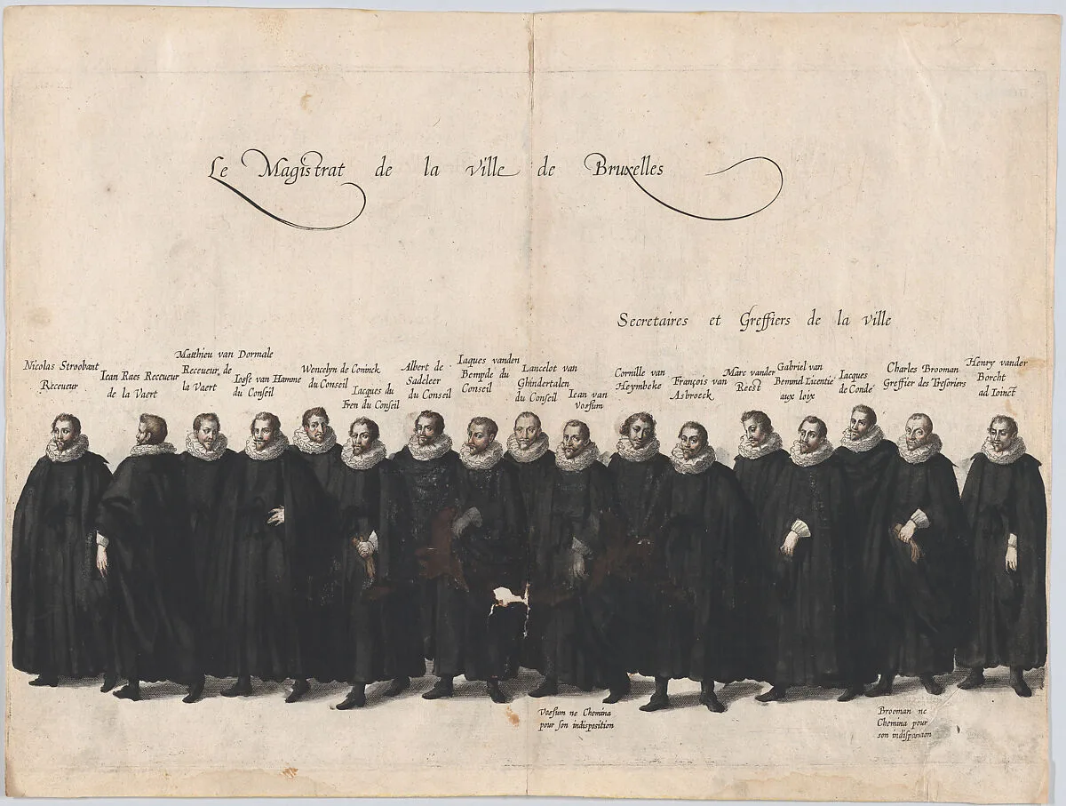 Plate 64: The magistrates of the city of Brussels marching in the funeral procession of Archduke Albert of Austria; from 'Pompa Funebris ... Alberti Pii' — Cornelis Galle I|Jacques Francquart