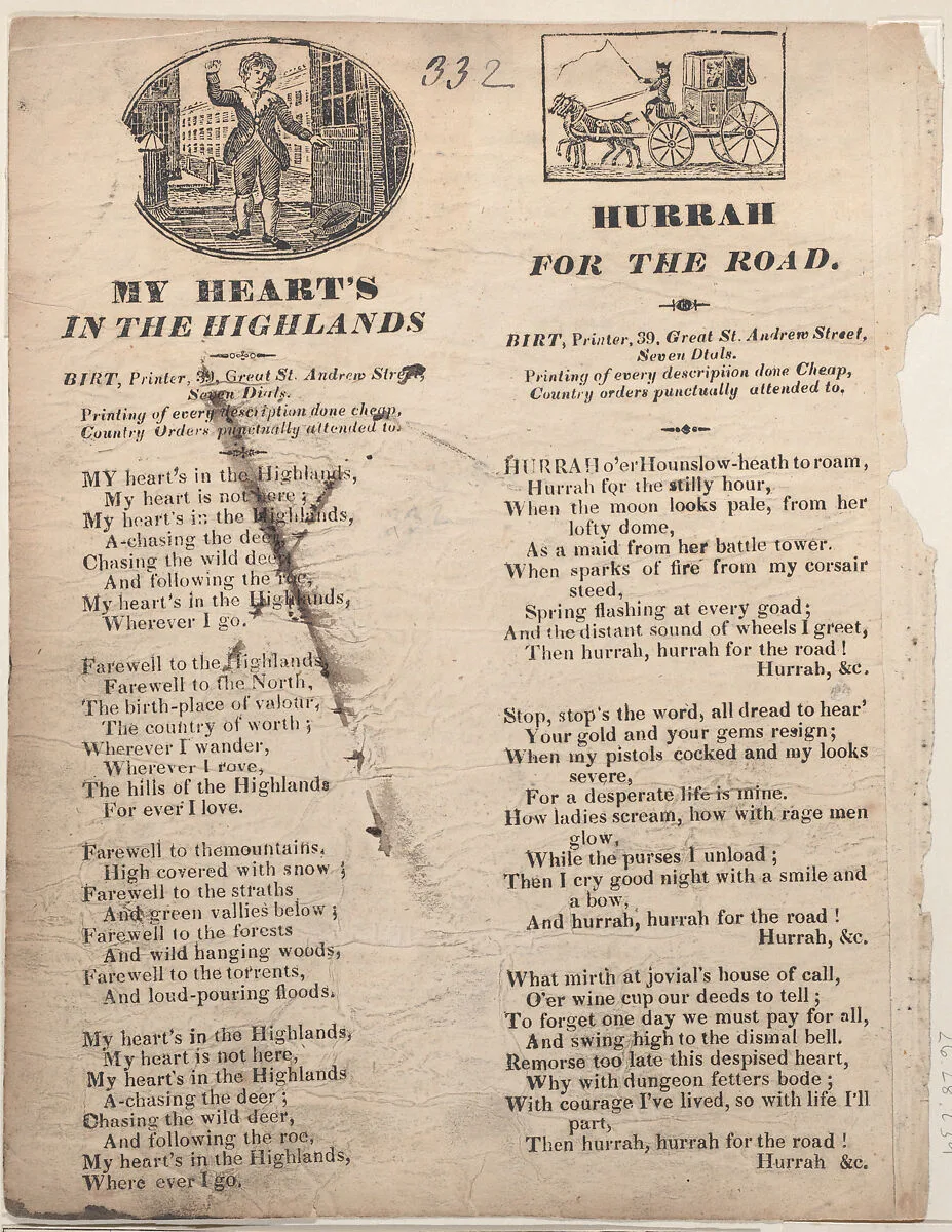 My Heart's in the Highlands (recto); Hurrah for the Road (verso) — Anonymous, British, 19th century