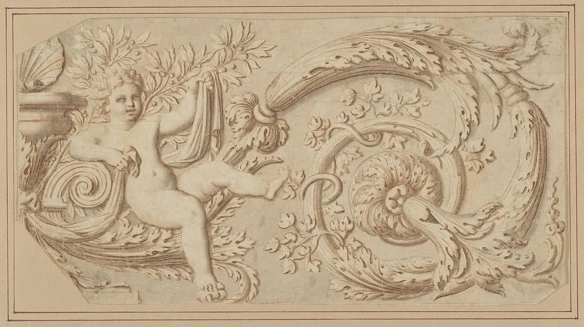 Design for a Frieze with Putto and Acanthus Scroll — Anonymous, French, 17th century