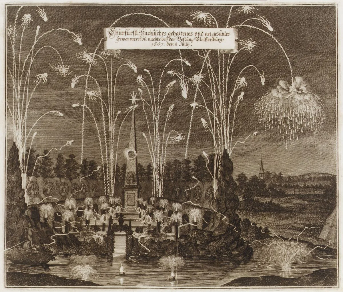 Celebration for the Elector Johann Georg II, Leipzig, July 8, 1667: Fireworks Display by Night — Unknown
