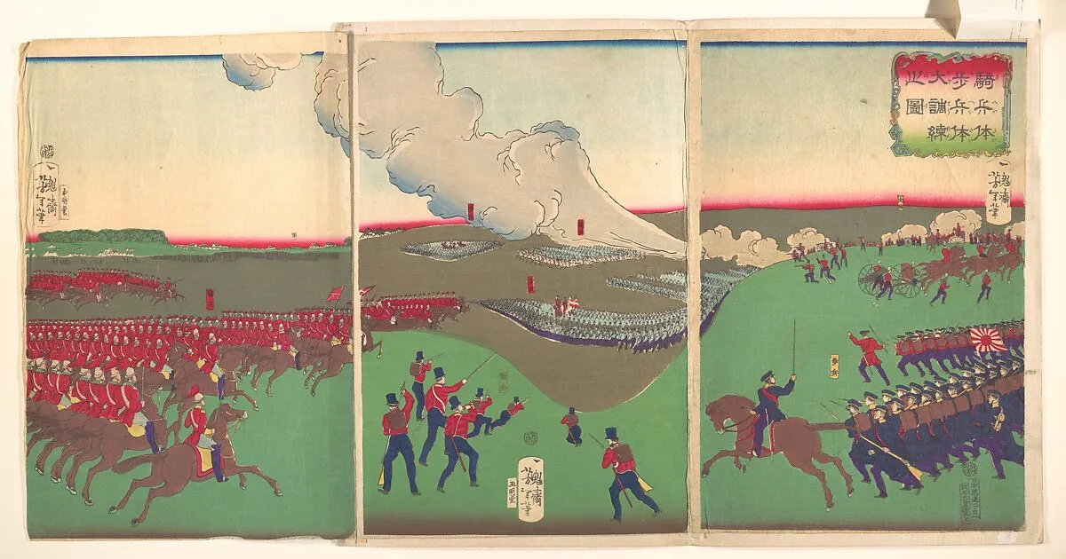 騎兵体歩兵体大調練之図|Illustration of Cavalry, Infantry and Soldiers Retreating (Kiheitai, hoheitai, daichōren no zu) — Tsukioka Yoshitoshi