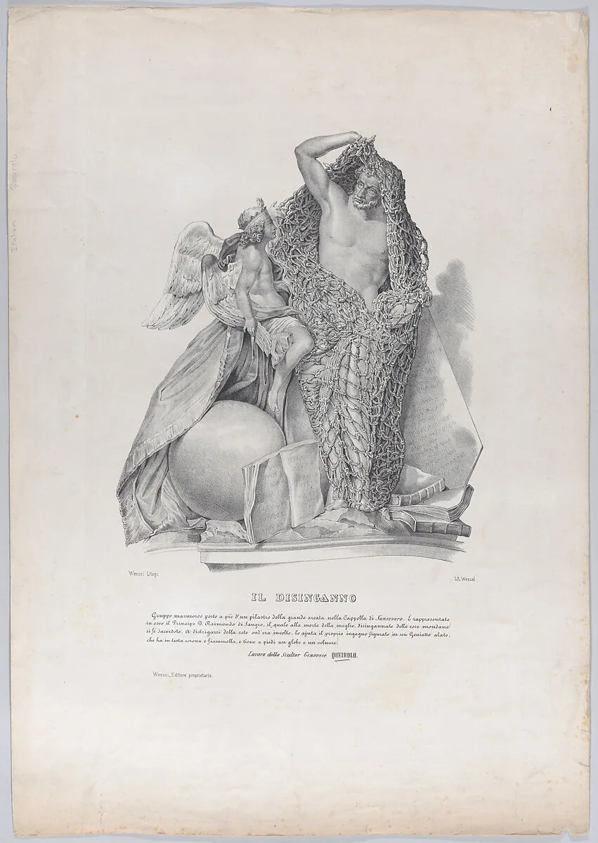 Prince Raimondo di Sangro disentangling himself from the net of worldly cares with the help of his winged genius, after the marble statue by Francesco Queirolo in the Capella di Sansevero, Naples — Francesco Maria Queirolo|Francesco Wenzel