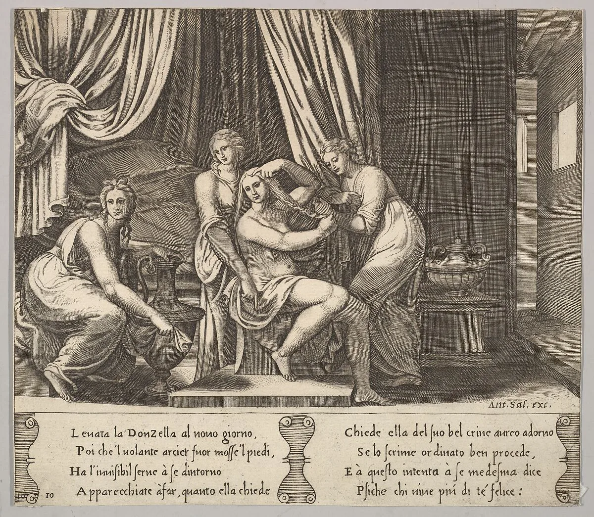 Plate 10: nymphs assisting Psyche to dress her hair, from "The Fable of Psyche" — Master of the Die|Antonio Salamanca|Michiel Coxie (I)