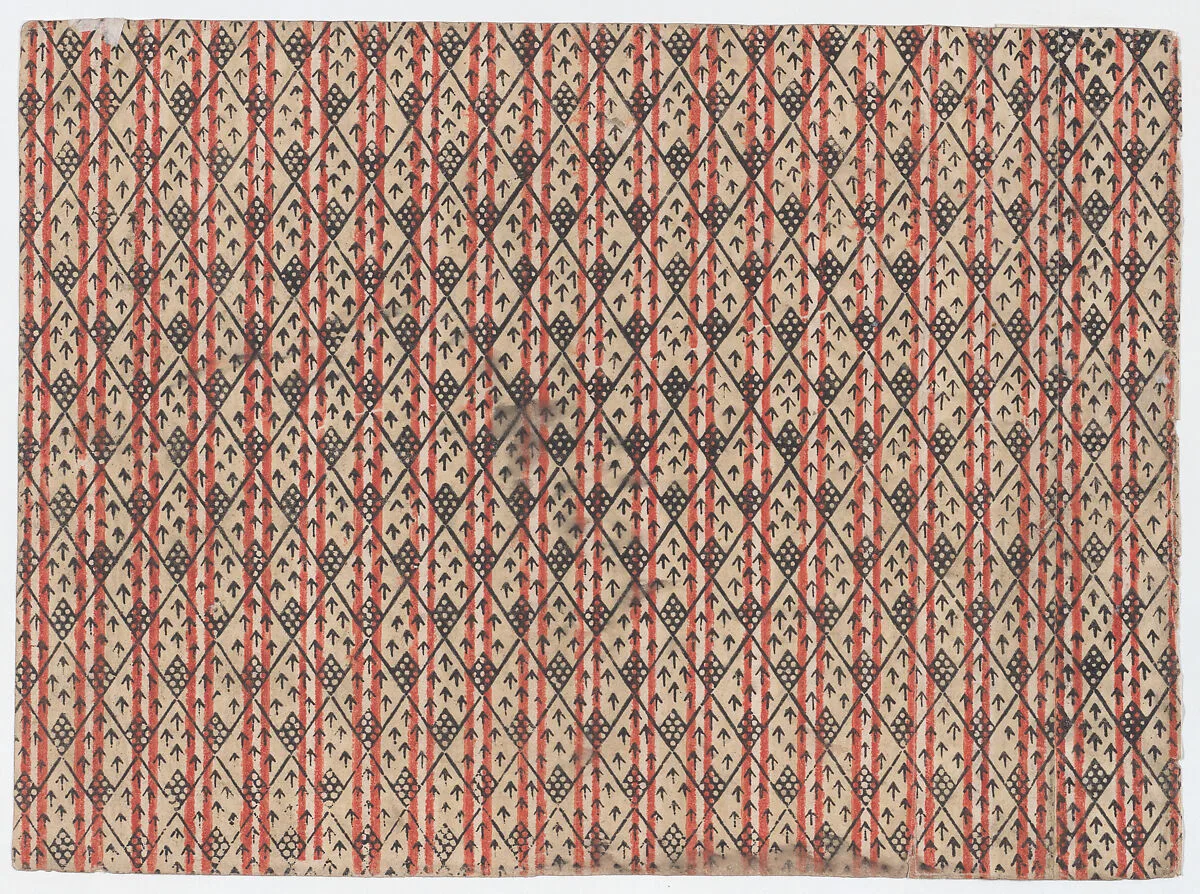 Sheet with striped background with diamond pattern and arrows — Anonymous