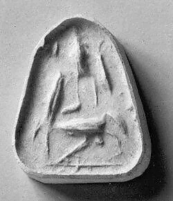 Stamp seal (rounded triangular base with loop handle) with anthropomorphic figure and animals — Unknown