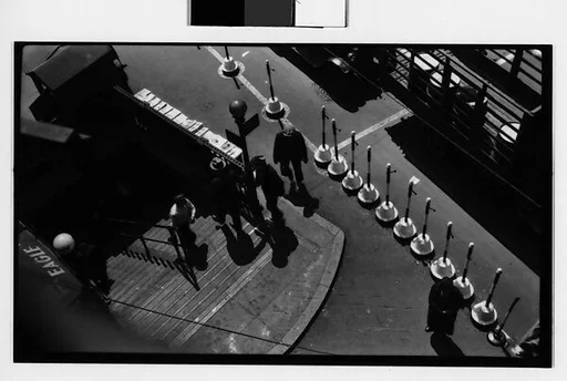 [Pedestrians and Automobiles on Street Outside Borough Hall Subway Entrance, From Above, Brooklyn, New York]