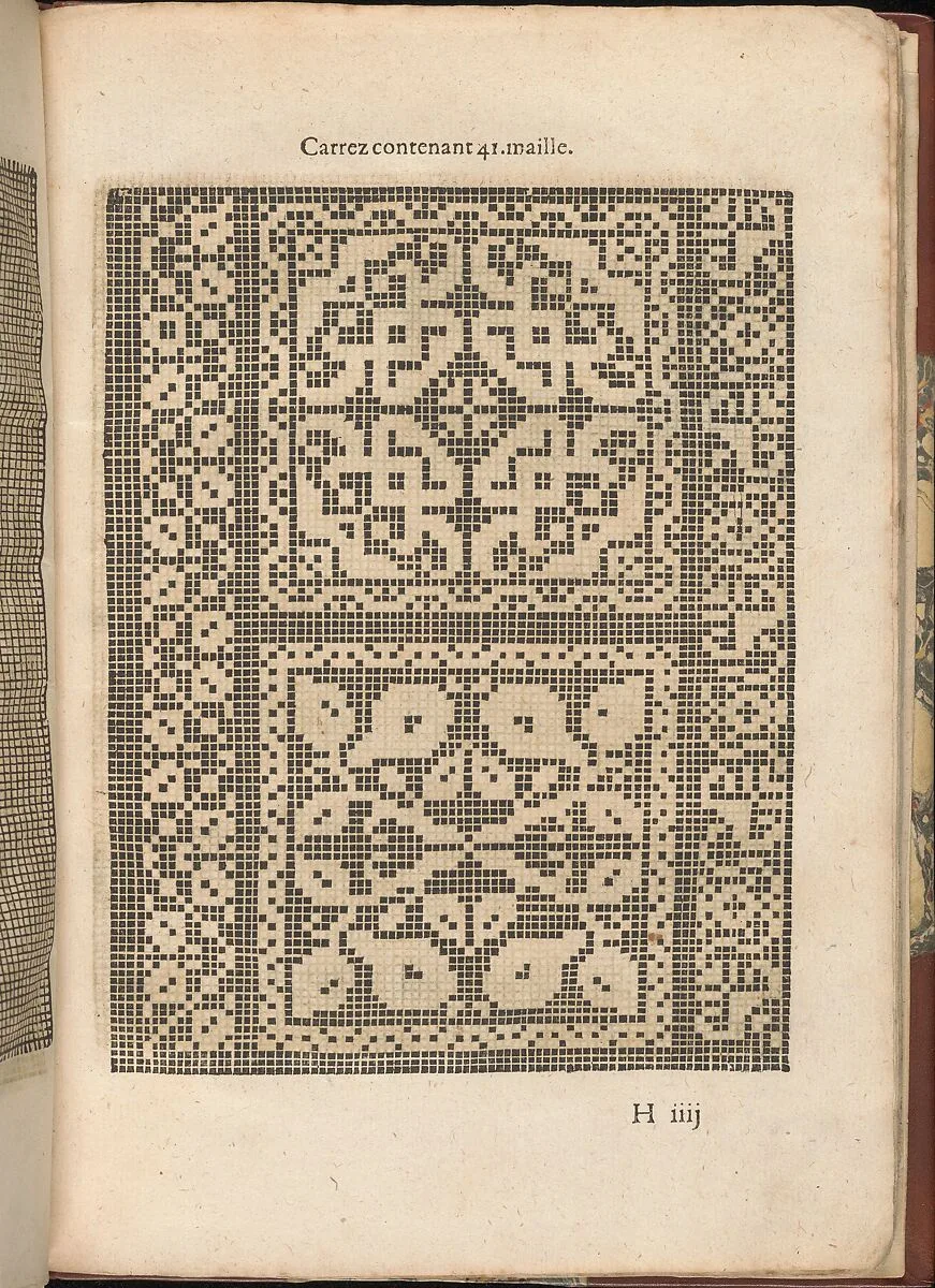 Les Secondes Oeuvres, et Subtiles Inventions De Lingerie du Seigneur Federic de Vinciolo Venitien, page 32 (recto) — Federico de Vinciolo|Jean Le Clerc|Catherine de Bourbon