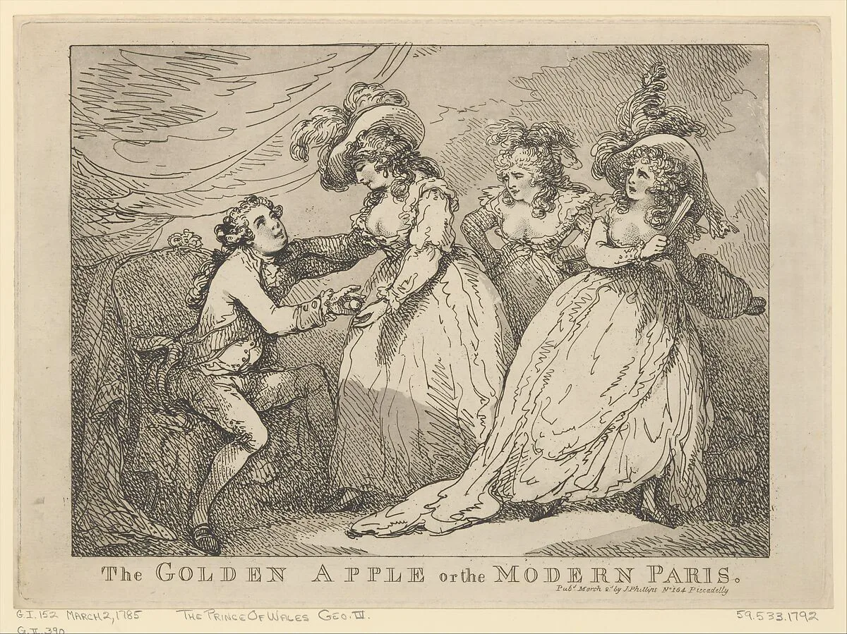 The Golden Apple, or the Modern Paris — Thomas Rowlandson|J. Phillips|George, Prince of Wales|Georgiana, Duchess of Devonshire|Mary Isabella Manners, Duchess of Rutland
