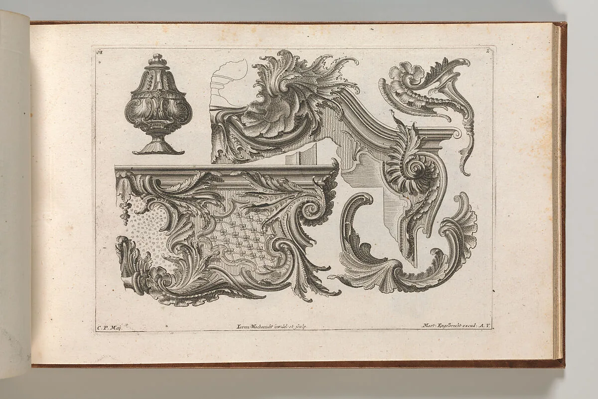 Suggestion for the Decoration of the Lower and Top Right of a Frame Combined with Several Additional Ornaments, Plate 2 from: 'Unterschidliche Auszierungen zu Thüren und Fenster, etc. etc. sehr nutzlich zu gebrauchen' — Martin Engelbrecht|Jeremias Wachsmuth