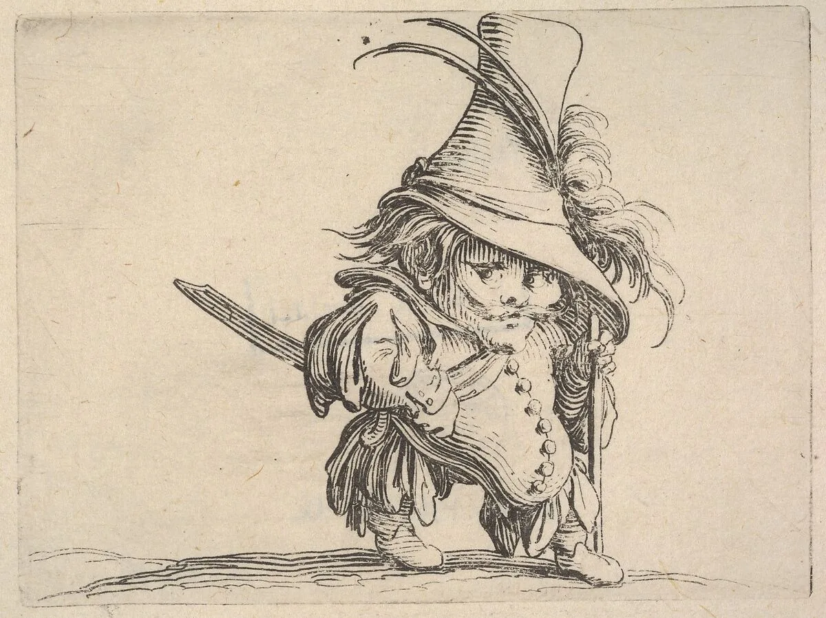 Small male figure in feathered hat with walking stick in left hand, from the series 'Varie figure gobbi' — Jacques Callot