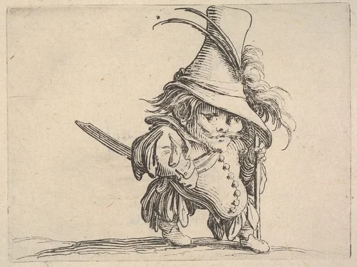 Small male figure in feathered hat with walking stick in left hand, from the series 'Varie figure gobbi'