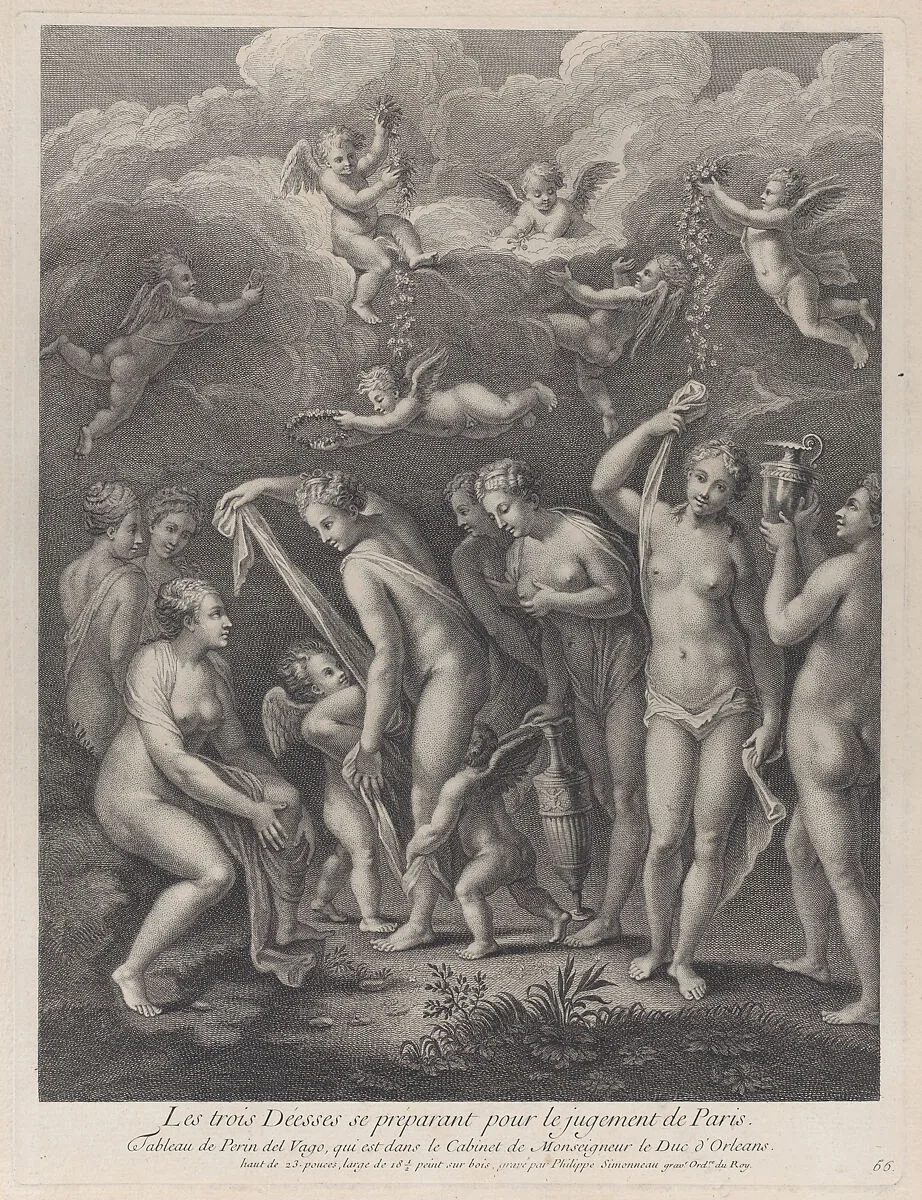Hera, Aphrodite, and Athena preparing themselves for the contest of beauty before Paris; from 'Recueil d'estampes d'après les plus beaux tableaux et d'après les plus beaux desseins qui sont en France, Cabinet Crozat' after Perino del Vaga — Perino del Vaga (Pietro Buonaccorsi)|Philippe Simonneau
