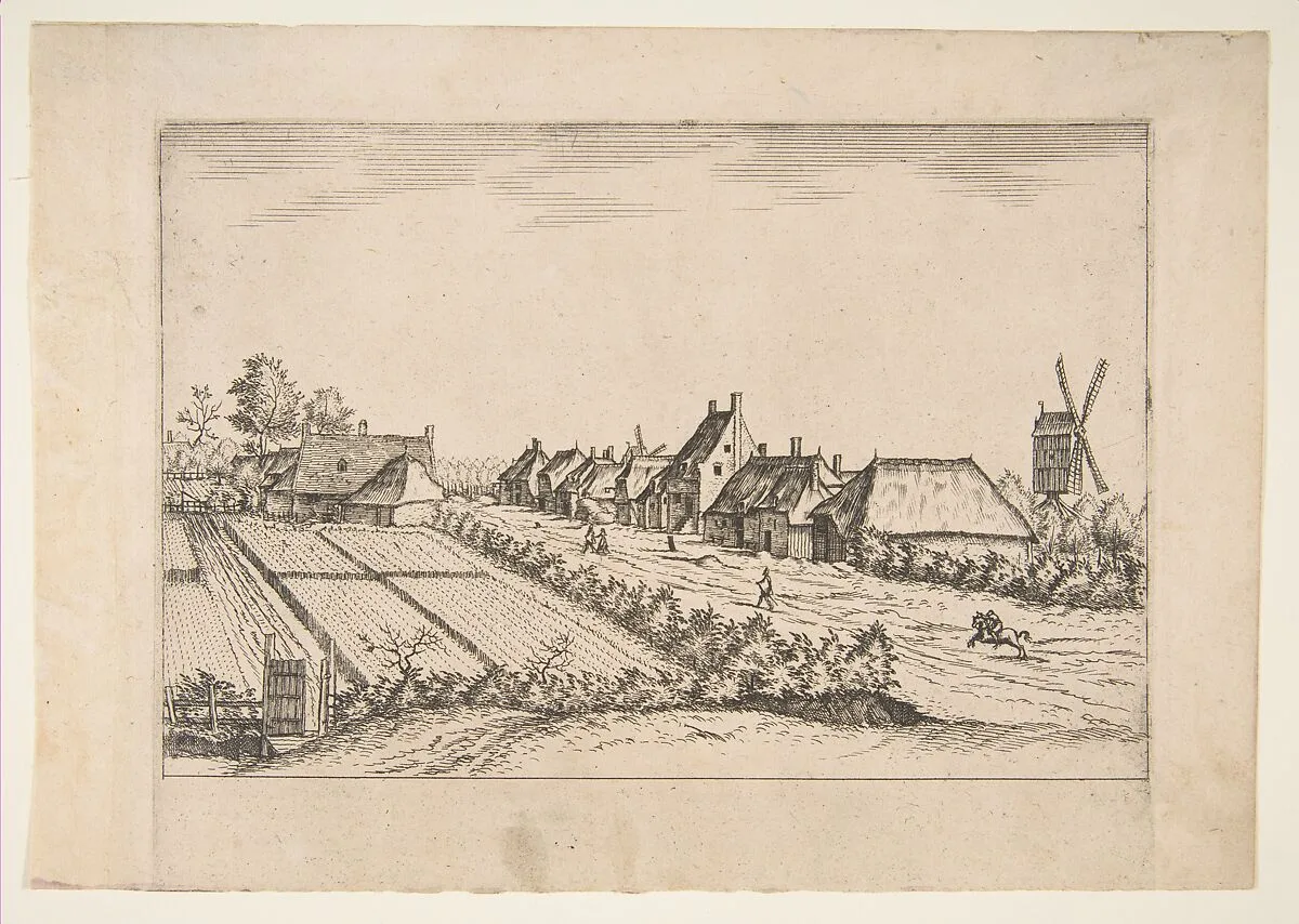 Fields with a Village Road with Post Mill, from the series The Small Landscapes (Multifariarum Casularum) — Johannes van Doetecum I|The Master of the Small Landscapes|Lucas van Doetecum|Pieter Bruegel the Elder