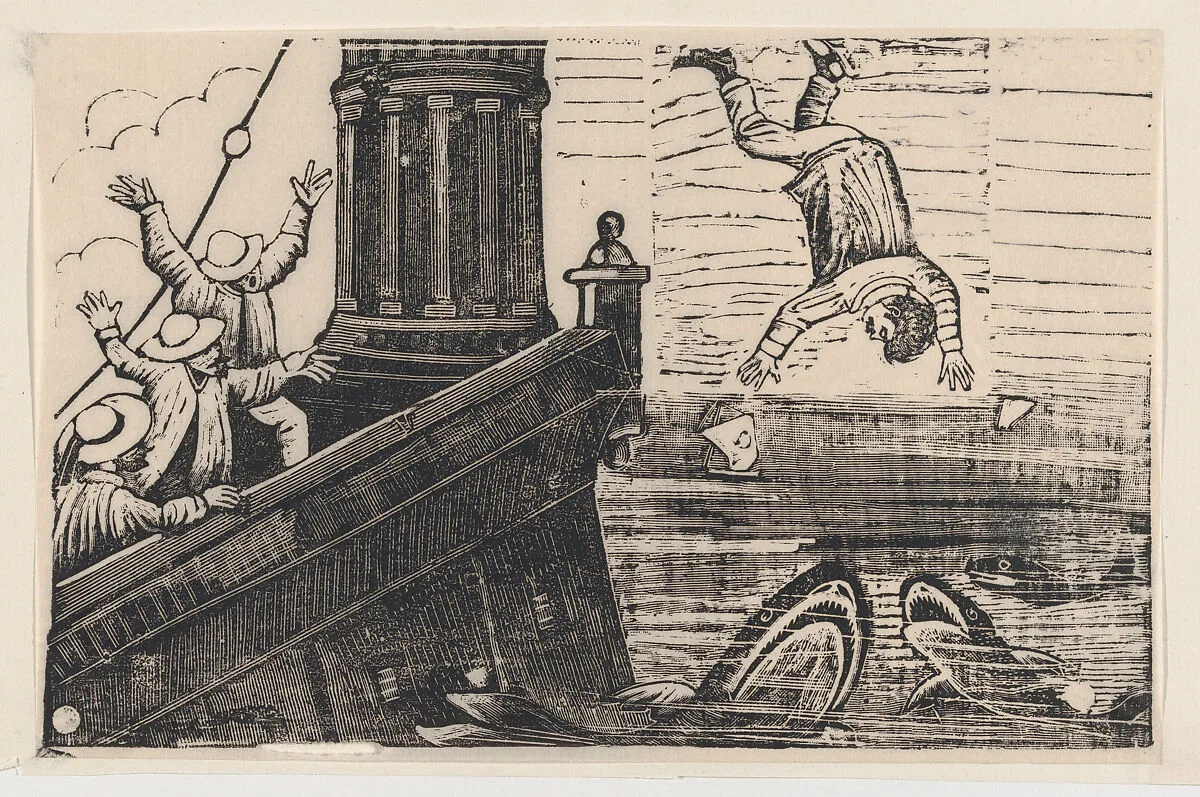 A man being thrown to the sharks, from a broadside entitled 'Triste Fin de Gerardo Nevraumont' — José Guadalupe Posada