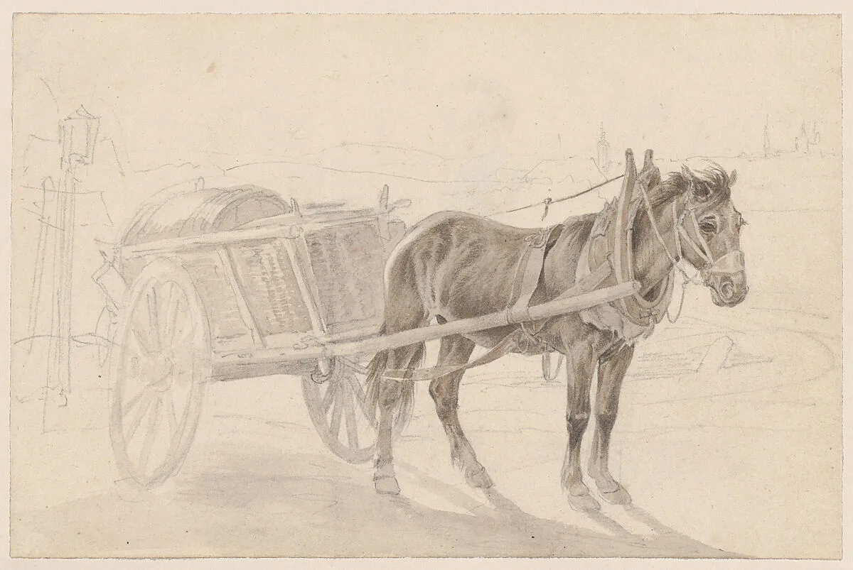 A Cart Drawn by a Brown Horse Near a Lamp Pole; Verso: A Group of Mounted Officers — Johann Adam Klein
