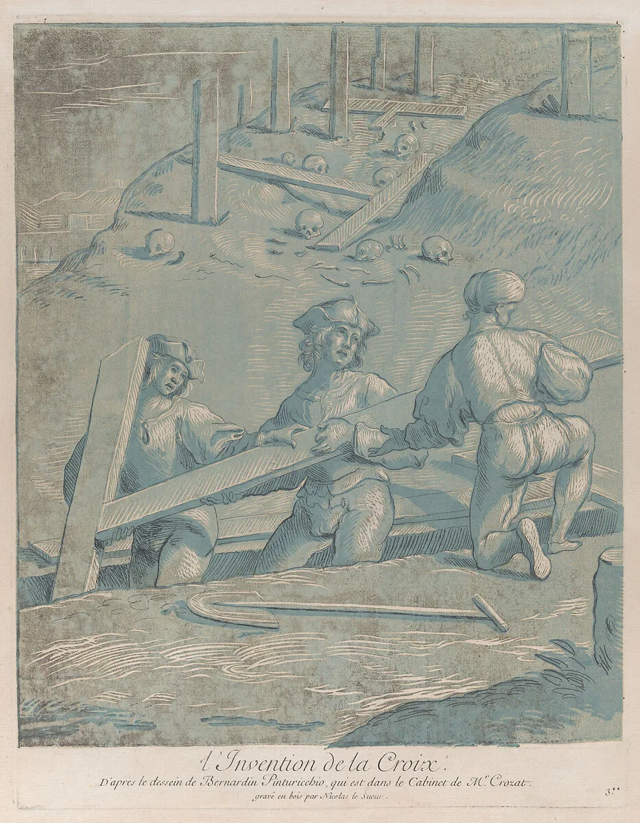 The invention of the cross; three men lifting a cross from a trench; from 'Recueil d'estampes d'après les plus beaux tableaux et d'après les plus beaux desseins qui sont en France, Cabinet Crozat' after a drawing by Pinturicchio — Nicolas Le Sueur|Bernardo di Betto Pinturicchio