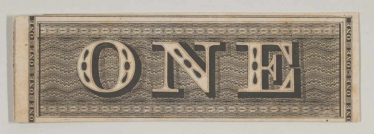 Banknote motif: the word ONE set against a rectangular band of lathe work — A. B. & C. Durand & Company|Durand, Perkins, and Company|Cyrus Durand