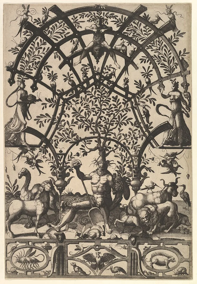 Personification of Earth, with Spade and Horn, Supporting a Tree and Lattice on His Head, A Frieze underneath from Veelderleij niewe inventien van antijckesche sepultueren diemen nou zeere ghebruijkende is met noch zeer fraeije grotissen en compertimenten zeer beqwame voer beeltsniders antijcksniders schilders en all constenaers...Libro Secundo — Johannes van Doetecum I|Lucas van Doetecum|Cornelis Floris II|Hieronymus Cock