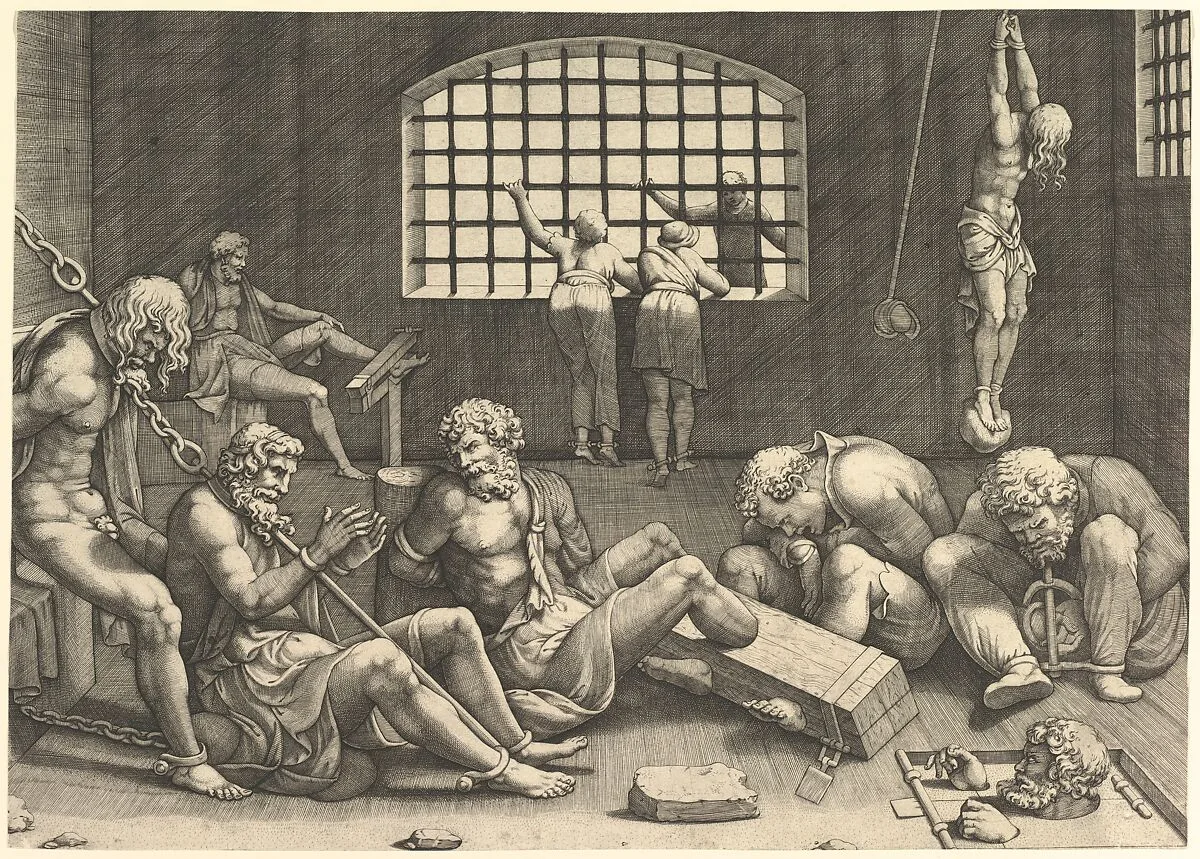 The Prison; a group of men in a dungeon bound in chains and shackles; to the right a figure hanging from his arms, tied to a boulder — Anonymous|Giorgio Ghisi|Giulio Romano