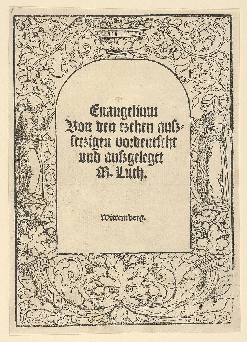 Title-Border with a Hermit and a Nun, Vase of Fruit, a Mask and Cornucopias — Hans Cranach