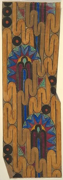 Panel with a Line of Brown Ribbon Over Segmented Ovals with Blue Heart-Shaped Motifs on the Border — Anonymous, French, 20th century