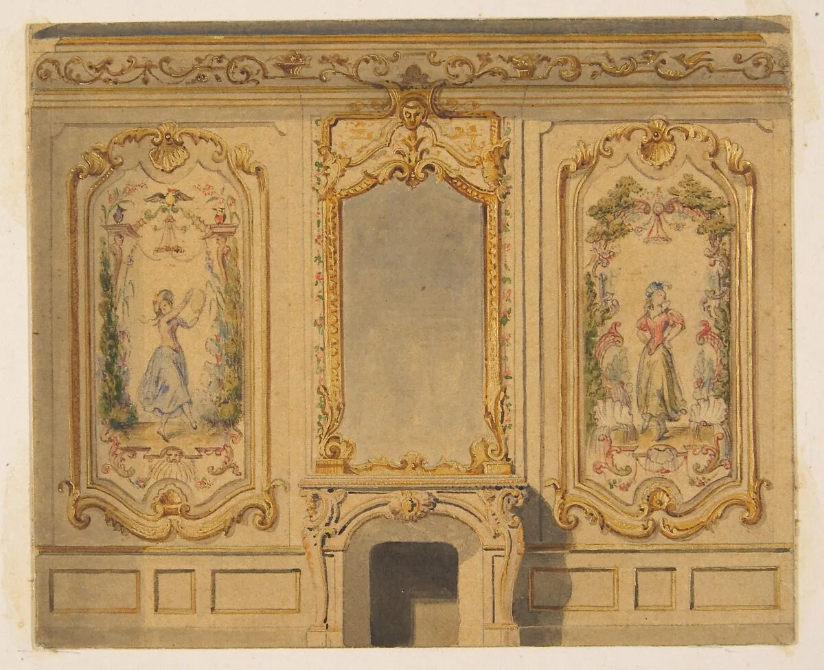 Elevation of an interior wall decorated with a chimney piece surmouted by a mirror and flanked with painted panels — Jules-Edmond-Charles Lachaise|Eugène-Pierre Gourdet