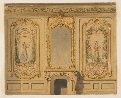 Elevation of an interior wall decorated with a chimney piece surmouted by a mirror and flanked with painted panels
