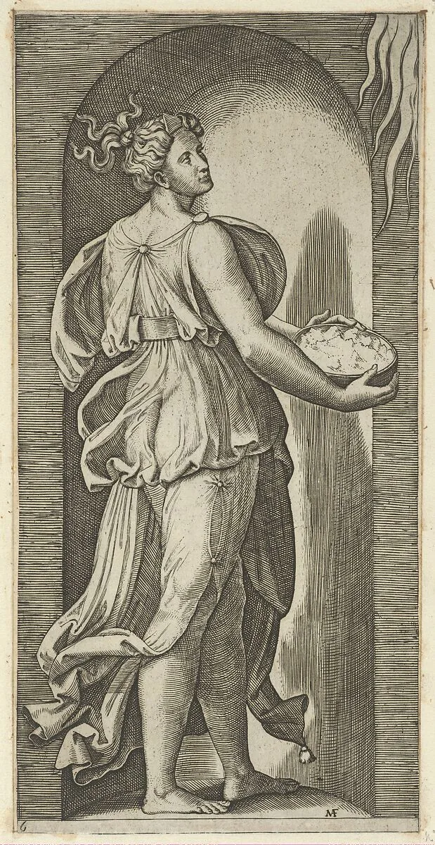 Hope personified as a woman standing in a niche facing right, holding a container of unleavened bread in both hands, from 'The Virtues' — Marcantonio Raimondi|Raphael (Raffaello Sanzio or Santi)