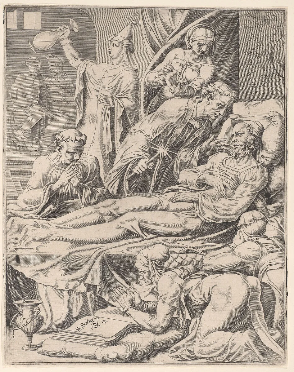The Rich Man on His Deathbed, plate 2 from "The Parable of Lazarus and the Rich Man" — Dirck Volckertsz Coornhert|Maarten van Heemskerck