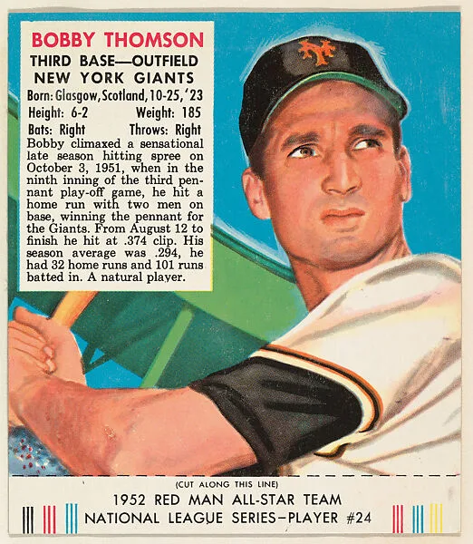 Bobby Thomson, from the Red Man All-Star Team series (T232), issued by Red Man Chewing Tobacco — Red Man Chewing Tobacco