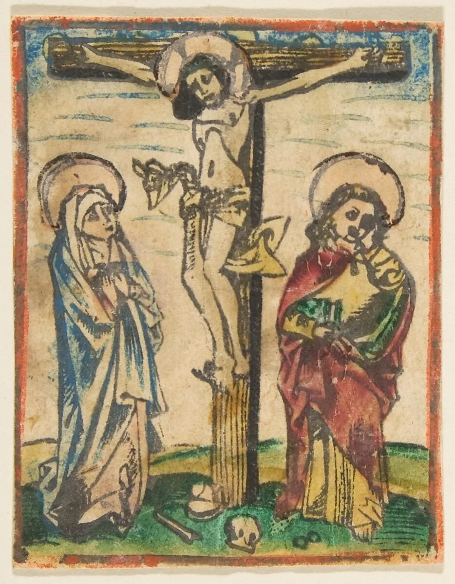 Christ on the Cross with The Virgin and Saint John (Schr. 452c) — Anonymous, German, 15th century