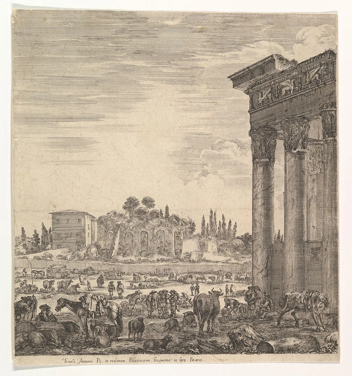 The columns of the Temple of Antoninus to right, a part of the Campo Vaccino in center and at left, along with various animals and figures, the Palatine ruins in the background, from 'Six large views, four of Rome, and two of the Roman countryside' (Six grandes vues, dont quatre de Rome et deux de la Campagne romaine) — Stefano della Bella