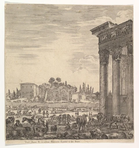 The columns of the Temple of Antoninus to right, a part of the Campo Vaccino in center and at left, along with various animals and figures, the Palatine ruins in the background, from 'Six large views, four of Rome, and two of the Roman countryside' (Six grandes vues, dont quatre de Rome et deux de la Campagne romaine)