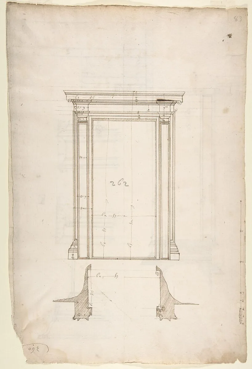 San Lorenzo, Library, Ricetto, portal from cloister, elevation; plan (recto) San Lorenzo, Library, Ricetto, portal from cloister, section; details (verso) — Anonymous, French, 16th century